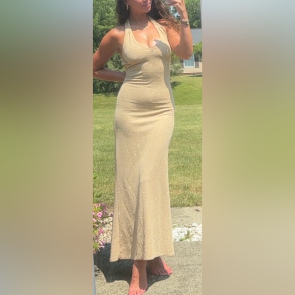 Vintage Y2K Hyphen Glamorous Gold Halter Maxi Formal Evening Dress-Size M - Picture 5 of 16